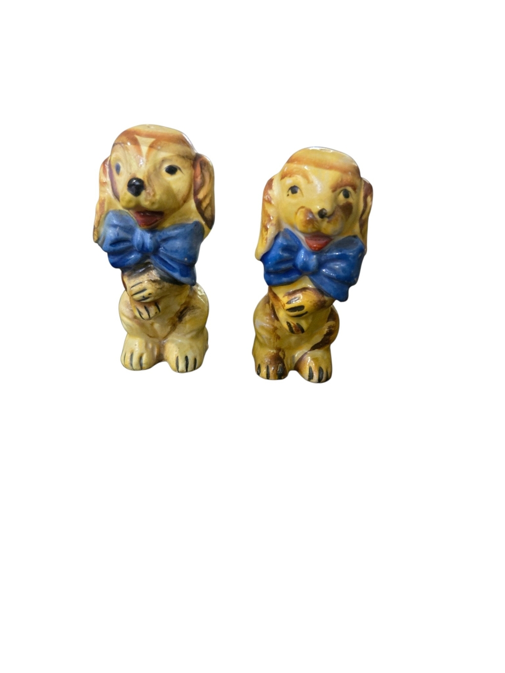 Vintage Ceramic Dog Spaniel Salt & Pepper Shakers  Blue Bows Japan 1950s
